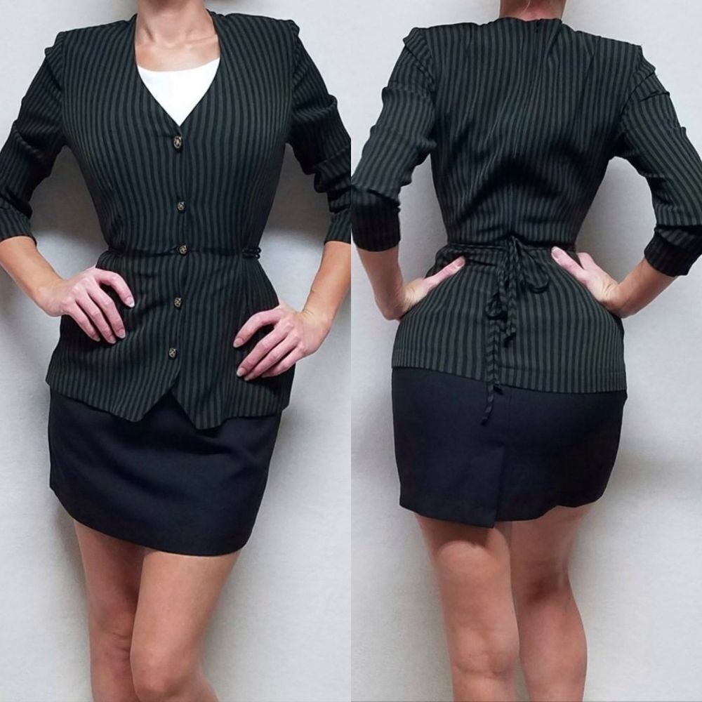 VINTAGE 80s DBY Green Black Striped Micro-pleated Tie Waist Jacket Dress